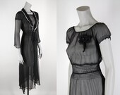 Vintage 1940s Lingerie : 40s Sheer Black Silk Chiffon Nightgown and Robe Peignoir Set XS S