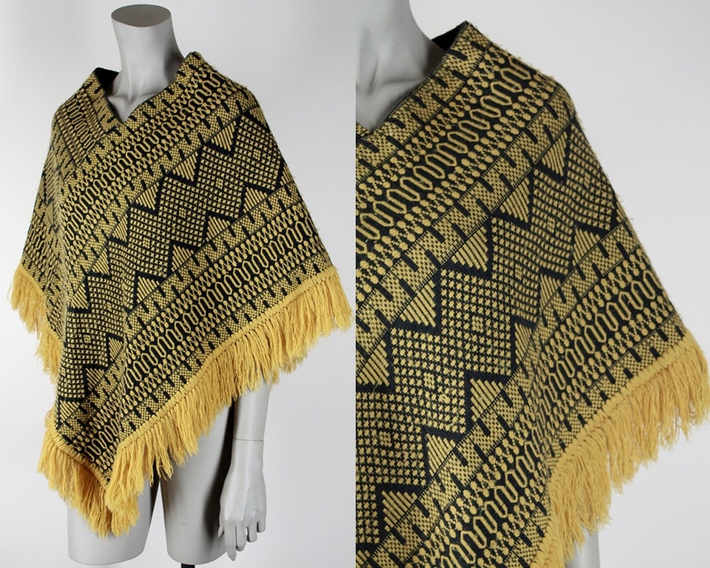 Vintage 1950s Woven Poncho : 50s Yellow and Black Guatemalan Tribal Cape