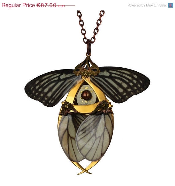 Spring Sale - 10 % OFF - Feminine Steampunk Victorian Fairy - Gold Plated - Femme Fatale Necklace - With Real Butterflies Wings - One Of A