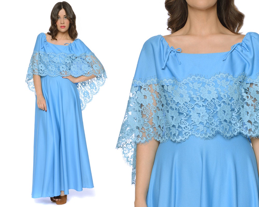70s Cape Dress Light Blue Lace Maxi Sheer Flared Skirt Off The Shoulder Romantic 1970s Prom Boho Capelet / Size M Medium