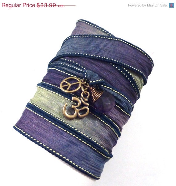 Om Silk Wrap Bracelet with Peace Sign and Amethyst, yoga jewelry,silk ribbon bracelet, silk ribbon wrap, yoga bracelet