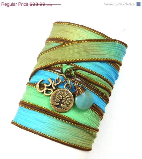 Om Tree of Life Silk Wrap Bracelet with Amazonite, bohemian jewelry, yoga jewelry, wrap bracelet, hand painted silk ribbon