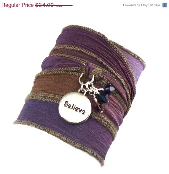 BIRTHDAY SALE Hand Dyed Silk Wrap Bracelet with Believe Charm and Swarovski Crystals