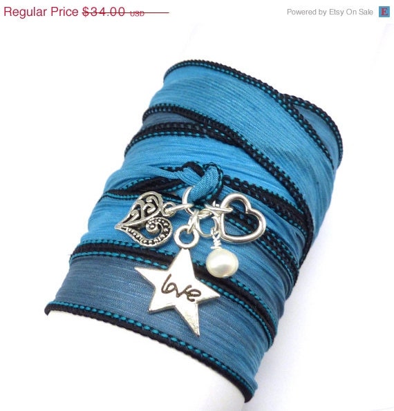 BIRTHDAY SALE Silk Ribbon Wrap Bracelet with Love, Heart Charms, and Pearl, silk wrap bracelet, wrap bracelet