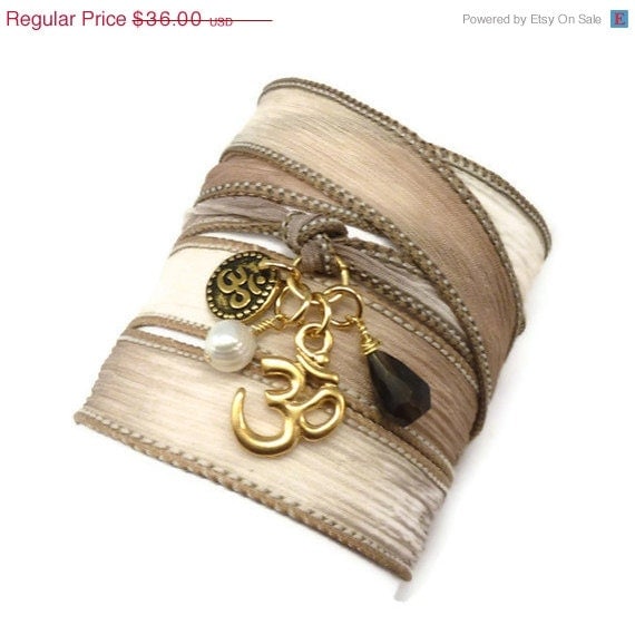 Silk Ribbon Wrap Bracelet with Om Charms,Pearl, and Smoky Quartz, yoga jewelry, wrapped wrapping bracelet, wrap around,wrist wrap