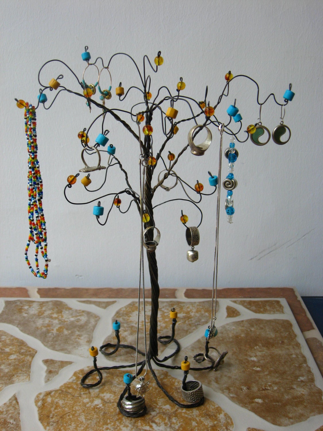 wire tree jewelry organizer,jewelry stand,jewelry display. brown turqize and yellow