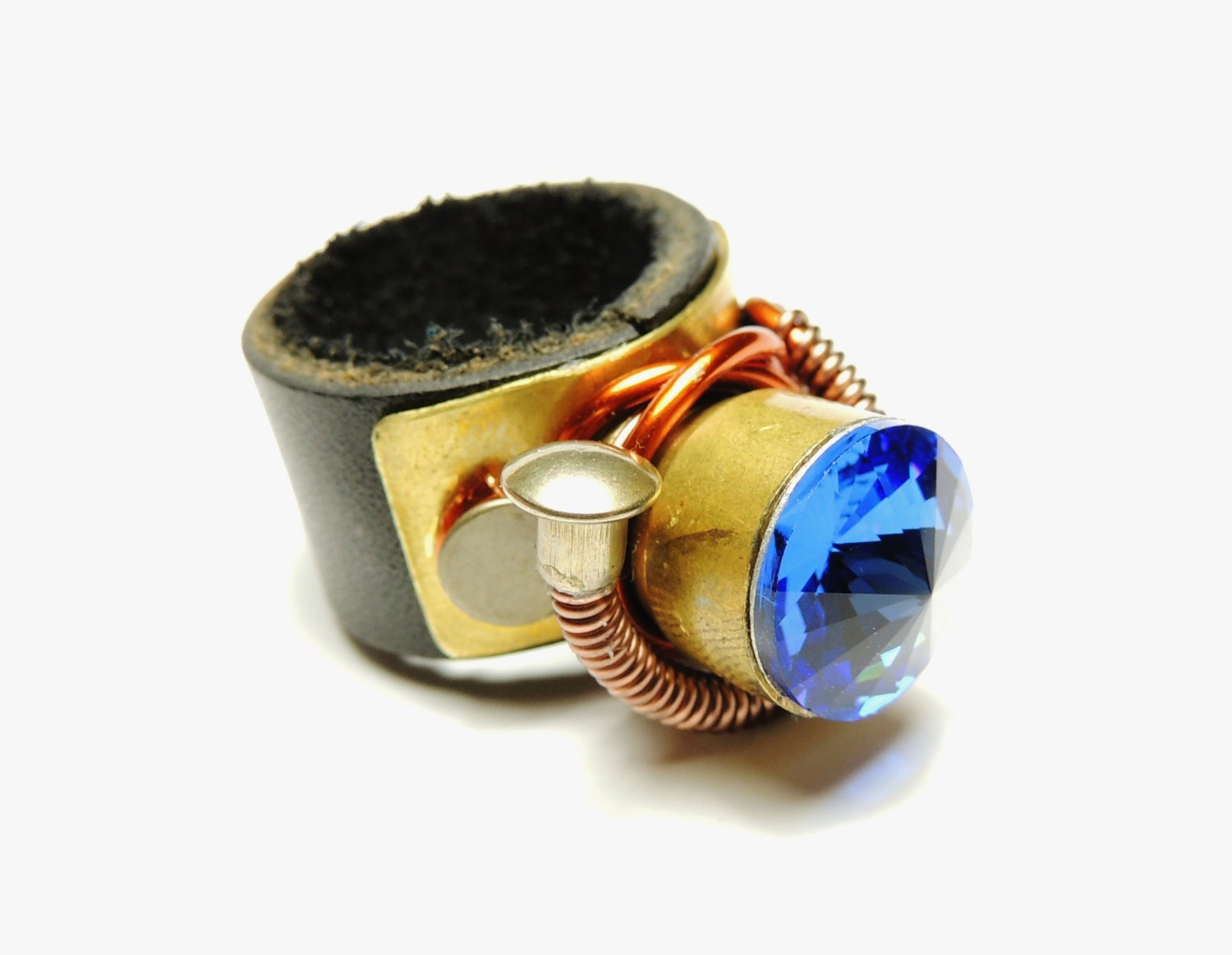steampunk leather ring- bullet casing  swarovski crystal free shipping - By keoops8