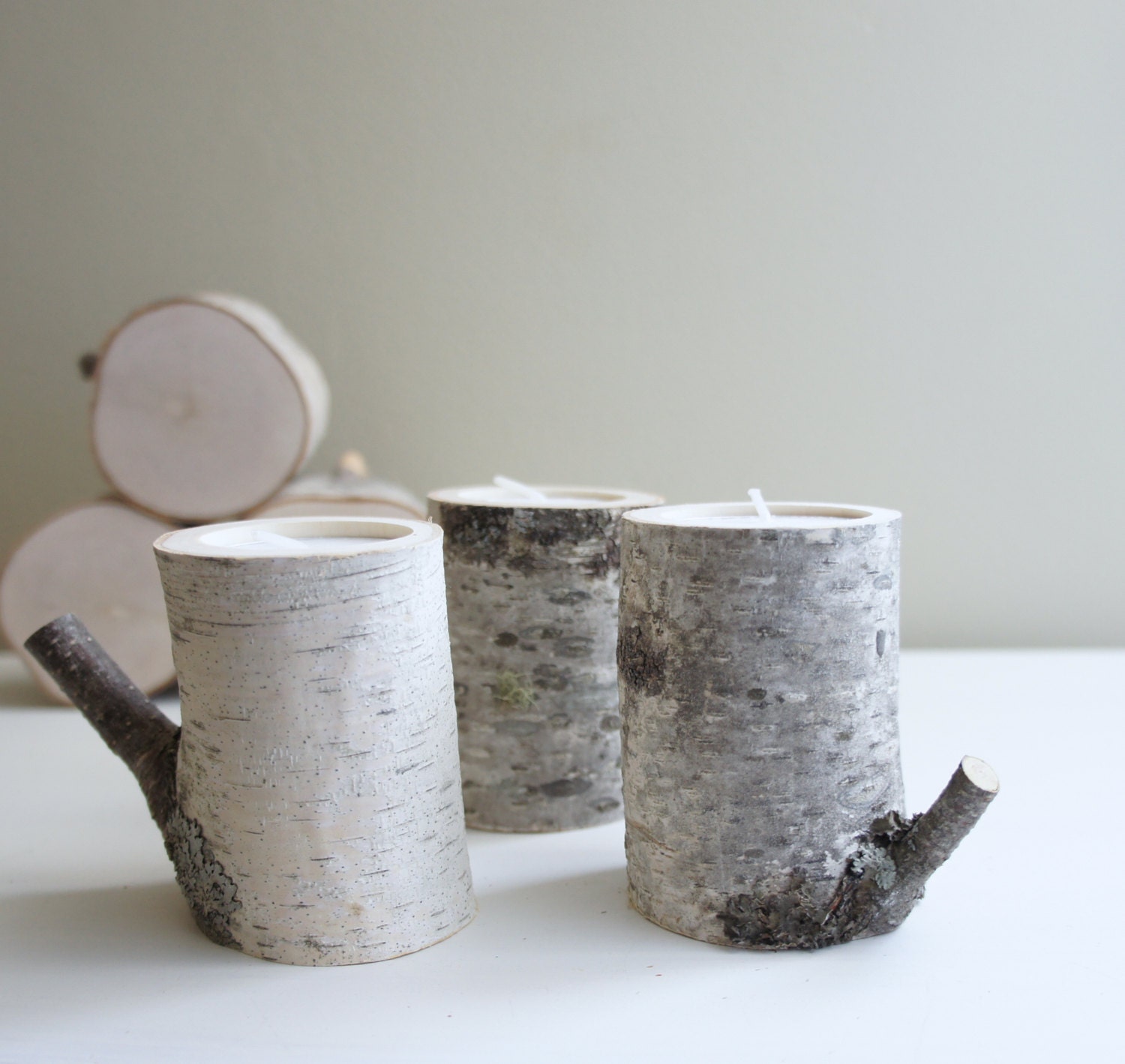 natural white birch wood candle holders - set of 3