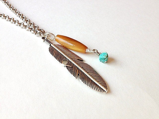 Men's Charm Necklace - Turquoise, Feather & Amber Hair Pipe Bohemian Jewelry