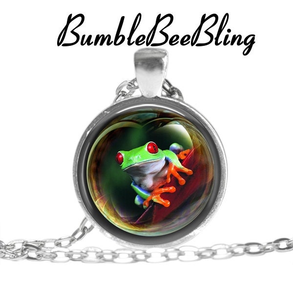 Frog Art Pendant - Frog Necklace - Colorful Frog Jewelry - Bezel Art Necklace