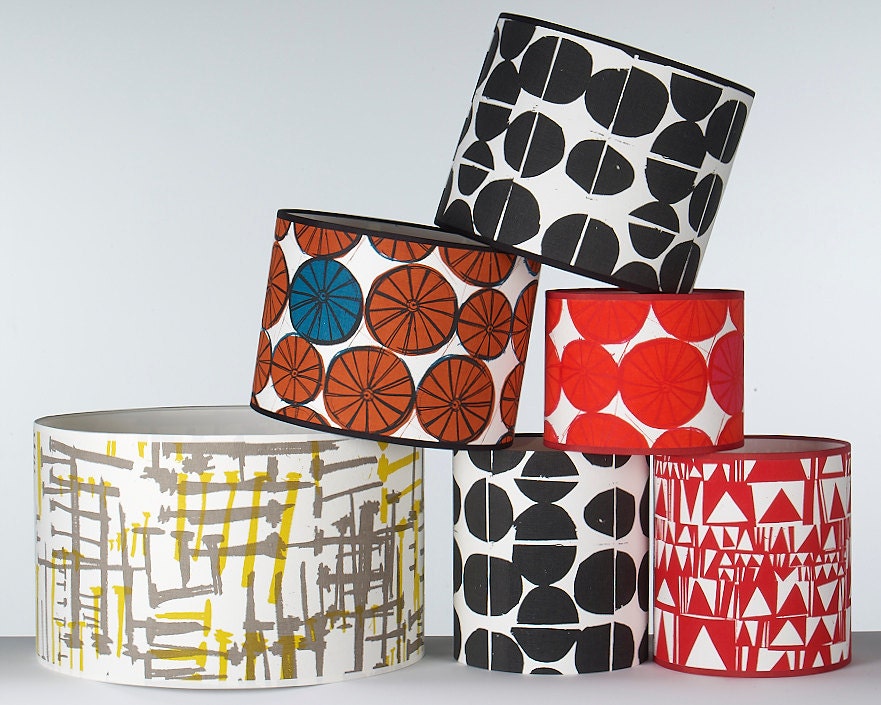 Hand screenprinted cotton Drum lampshade suitable for UK standard fitting lamps 9" dia x 7" high