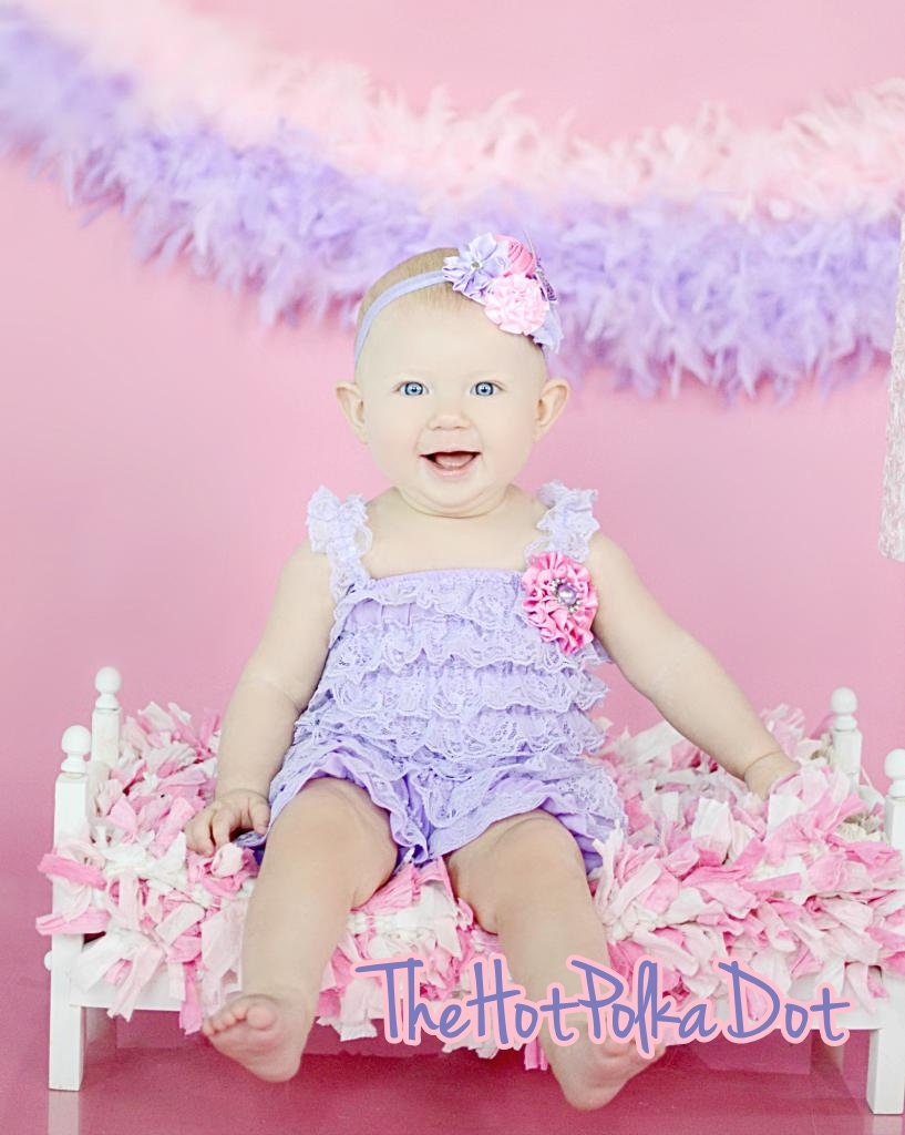 2 Piece Lavender and Pink Lace Romper with Matching Shabby Flower Headband / Pink Pearl Rhinestone  - 6 months - 3T