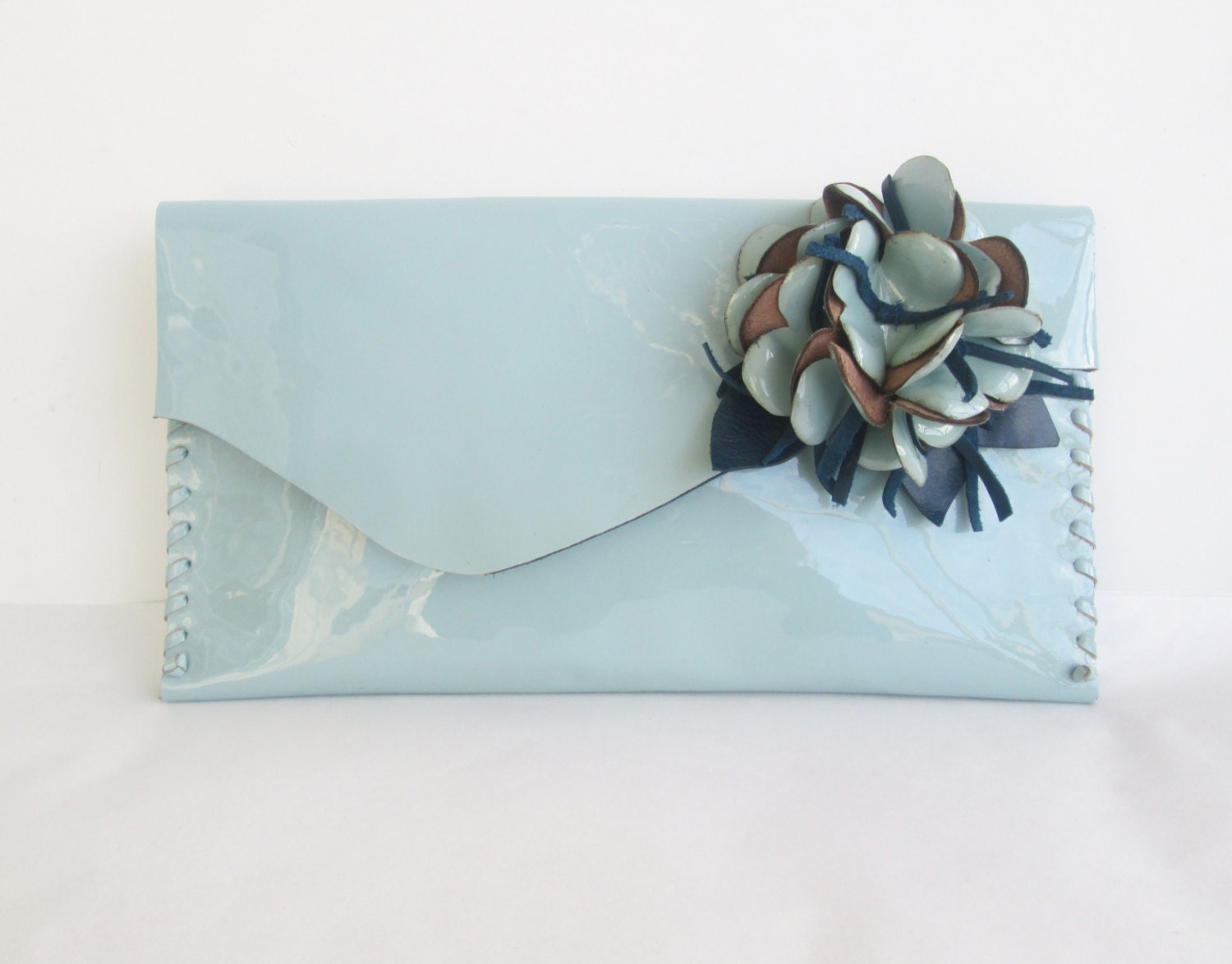 blue patent leather leather handbag, clutch with flower, by Tuscada. Ready to ship.