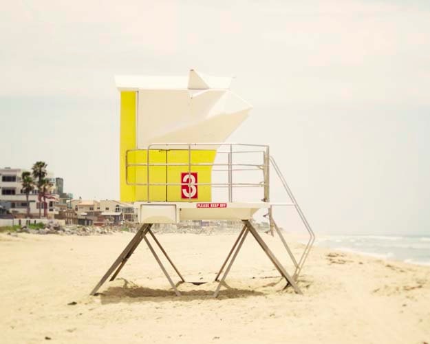 Beach Photography, Pastel Beach Decor, Yellow Lifeguard Tower, California, Summertime, Bright, Coastal Decor, 8x10 - BreeMadden
