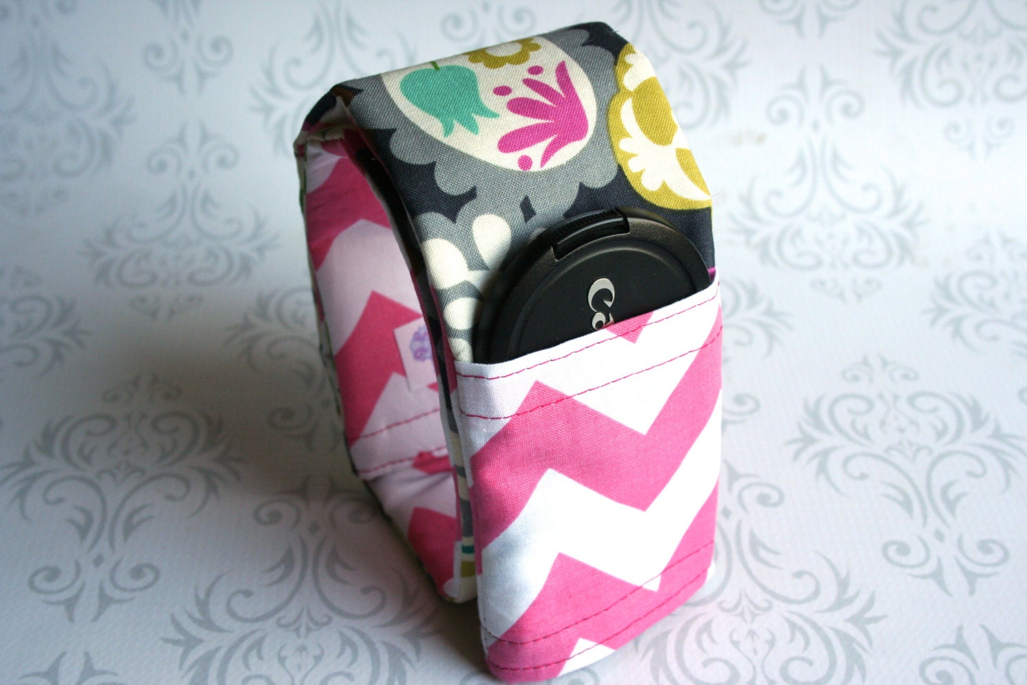 Reversible Camera Strap Cover with Lens Cap Pocket - Riley Blake Pink Chevron and Paisley - Designer Fabric- MADE TO ORDER