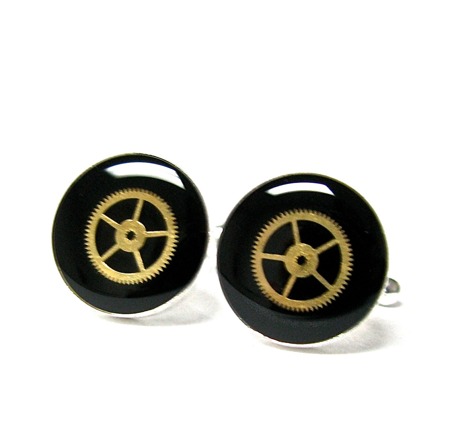 Steampunk Cufflinks Gears with Black Inlay- by Mechanique