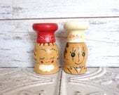 Vintage Wooden Salt & Pepper Shakers Man and Woman Quirky Kitschy Made in JAPAN 3"