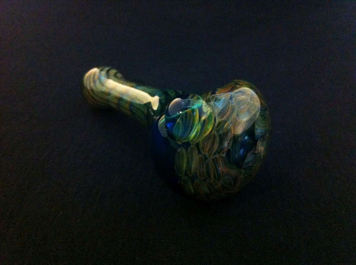 Lake Green Glass Pipe Silver and Gold Fumed Web Honeycomb and Wrap and Rake Tobacco Spoon Pipe