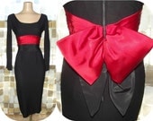 Vintage 50s Black Red Satin Wiggle Dress HELENA BARBIERI Bombshell Cocktail XS S