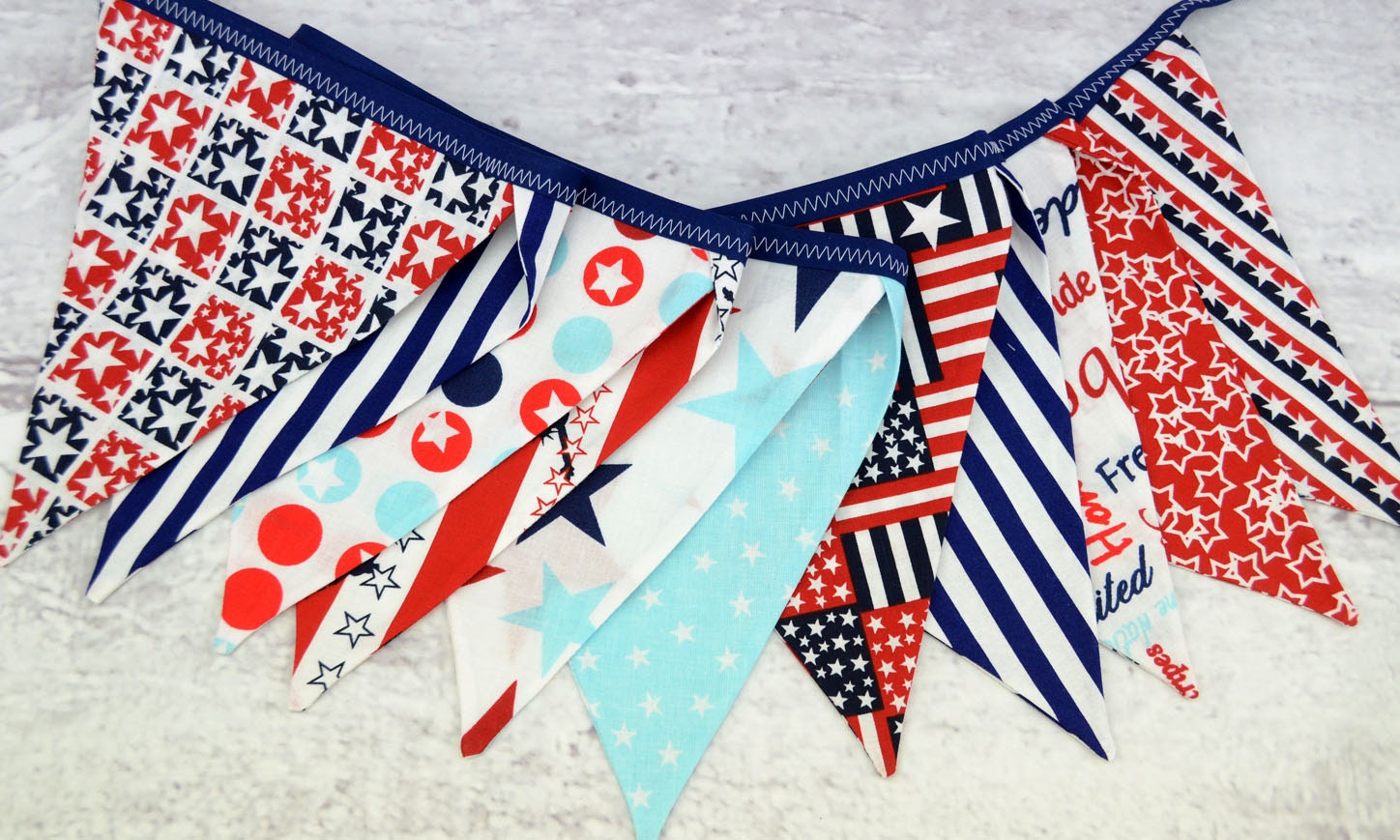 Eco-Friendly Reusable Fabric Bunting, Banner, Pennant, Flag, Garland, Photo Prop, Decoration in Navy Blue White Red 4th of July