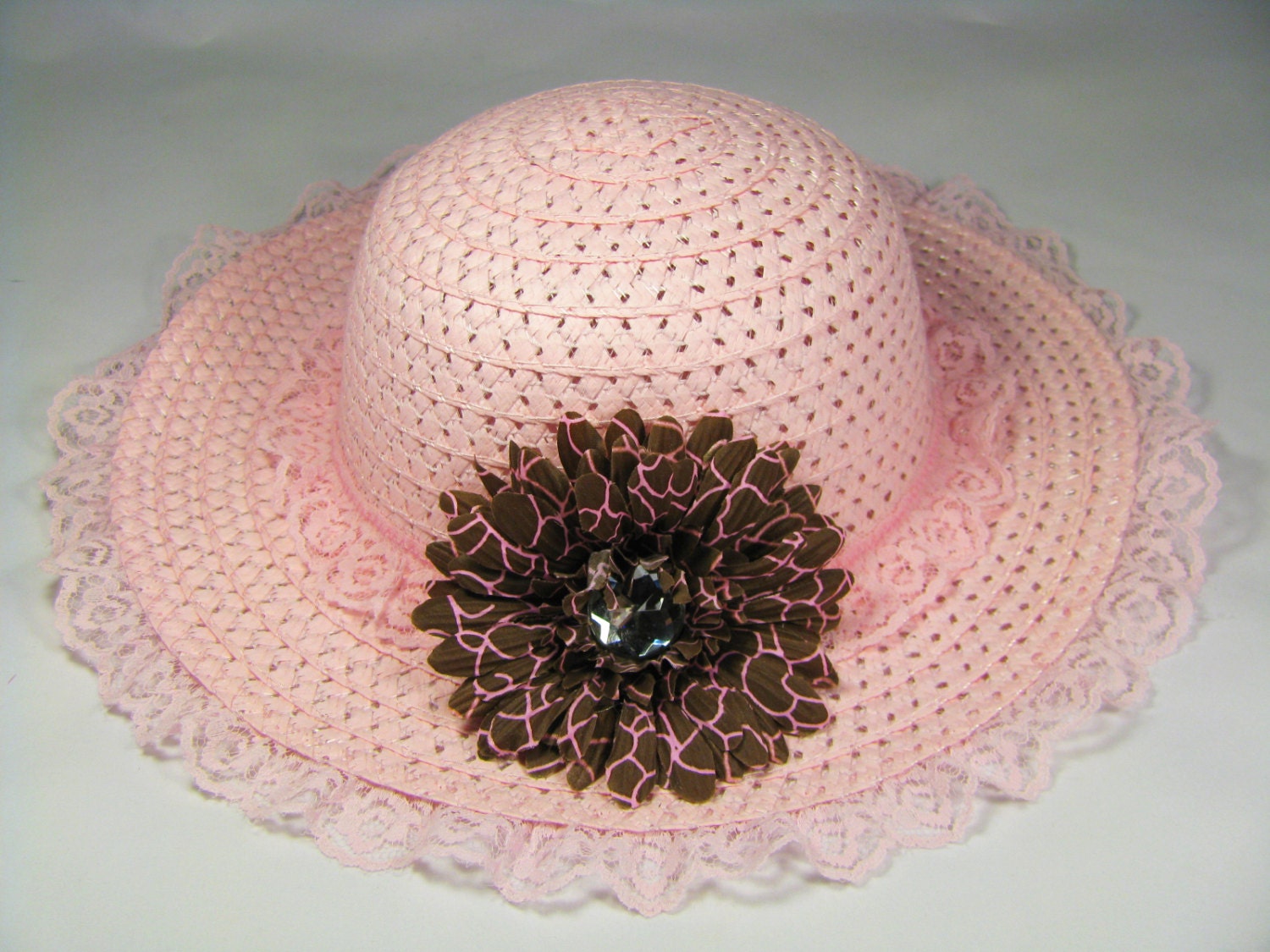 Girls Easter Hat - Tea Party Hat - Girls Sun Hat - Pink Easter Bonnet with Pink Lace - Pink and Brown Giraffe Print Daisy - Style O13
