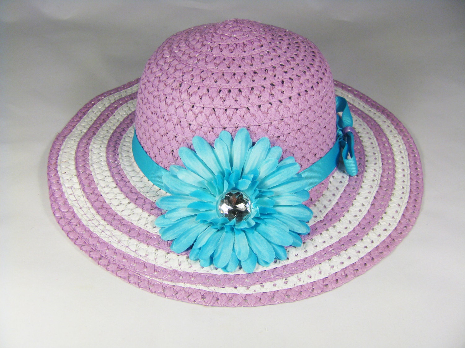 Girls Easter Hat - Tea Party Hat - Girls Sun Hat - Lavender Easter Bonnet withTurquoise Blue Ribbon - Blue Daisy Flower - Style U12