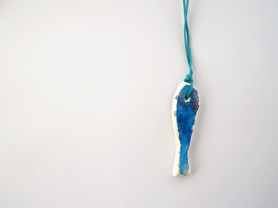 Fish pendant - blue clay fish with buttons necklace - navy blue, hand painted bead