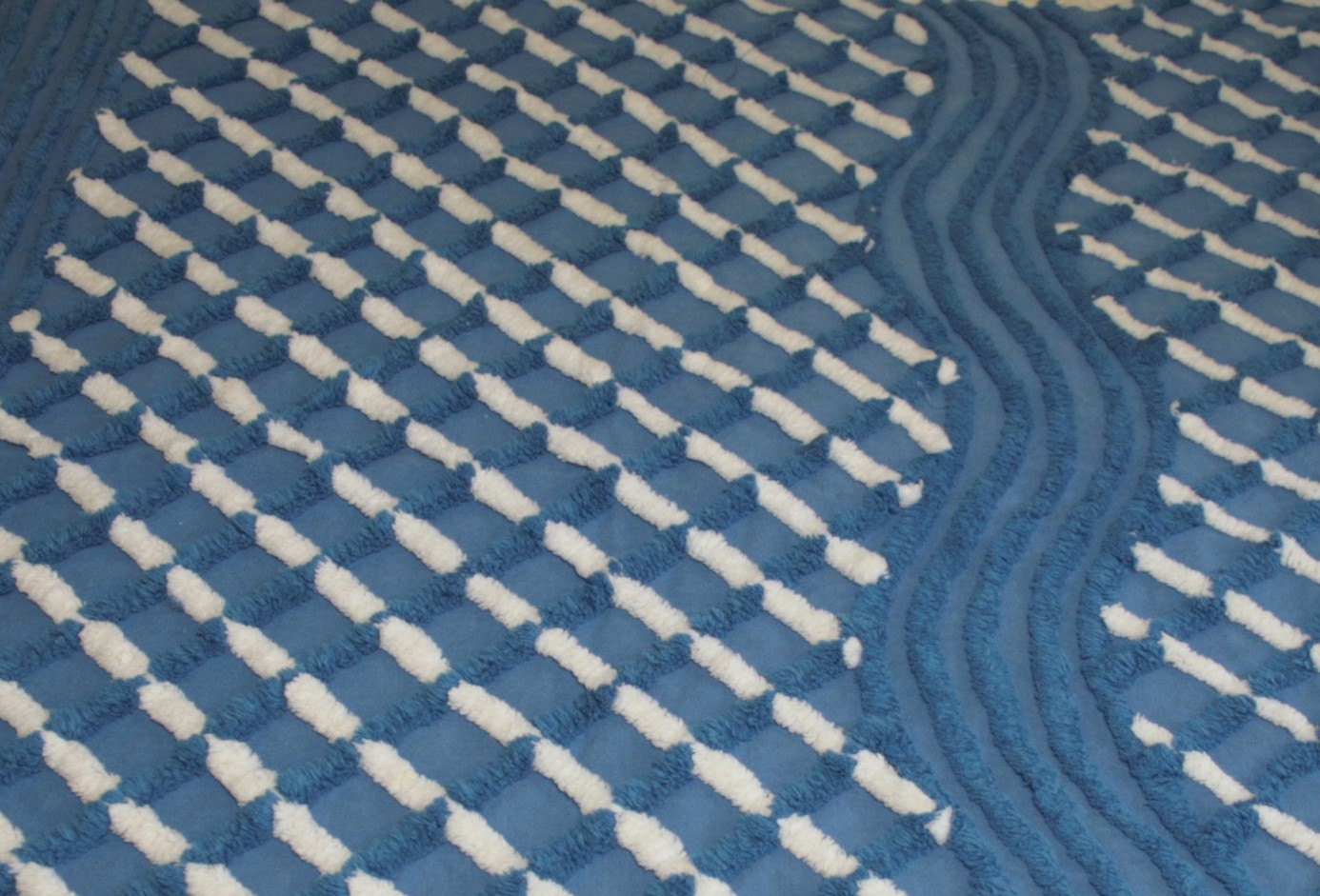 Royal Blue and White Lattice Plush Vintage Chenille Bedspread Fabric - 27 by 23 Inches
