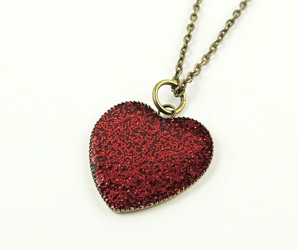 Red Heart Necklace, Bronze, Glitter, Pendant