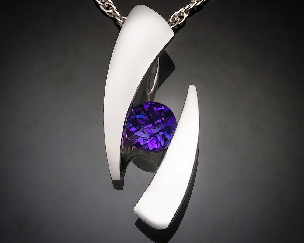 amethyst necklace - February birthstone - Argentium silver - purple - contemporary pendant - fine jewelry - 3489