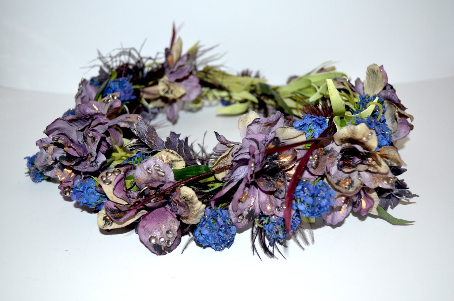 Handmade Flower Crown Purple Blue Green Black Gold Studded Feathered Glitter Floral Headband Head Piece
