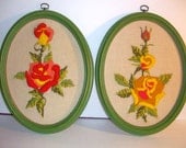 Pair of Vintage Oval Embroidered Rose Pictures in Green Frames