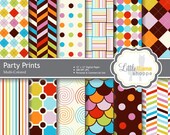 Party Prints Digital Scrapbook Paper - Argyle Scallops Herringbone Polka Dots Stripes Crosshatch Swirls INSTANT DOWNLOAD