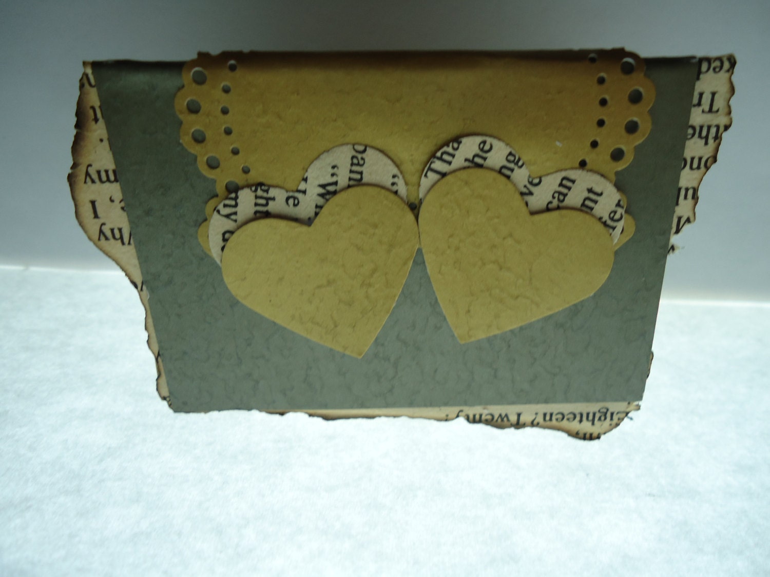Classic Pair- 3D Textured Art Card Gold Metallic Green Lace Burned Edges Any Occasion OOAK Upcycled