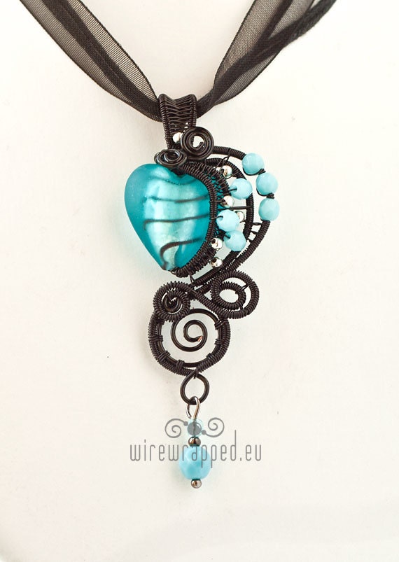 OOAK Aqua blue goth wire wrapped heart pendant