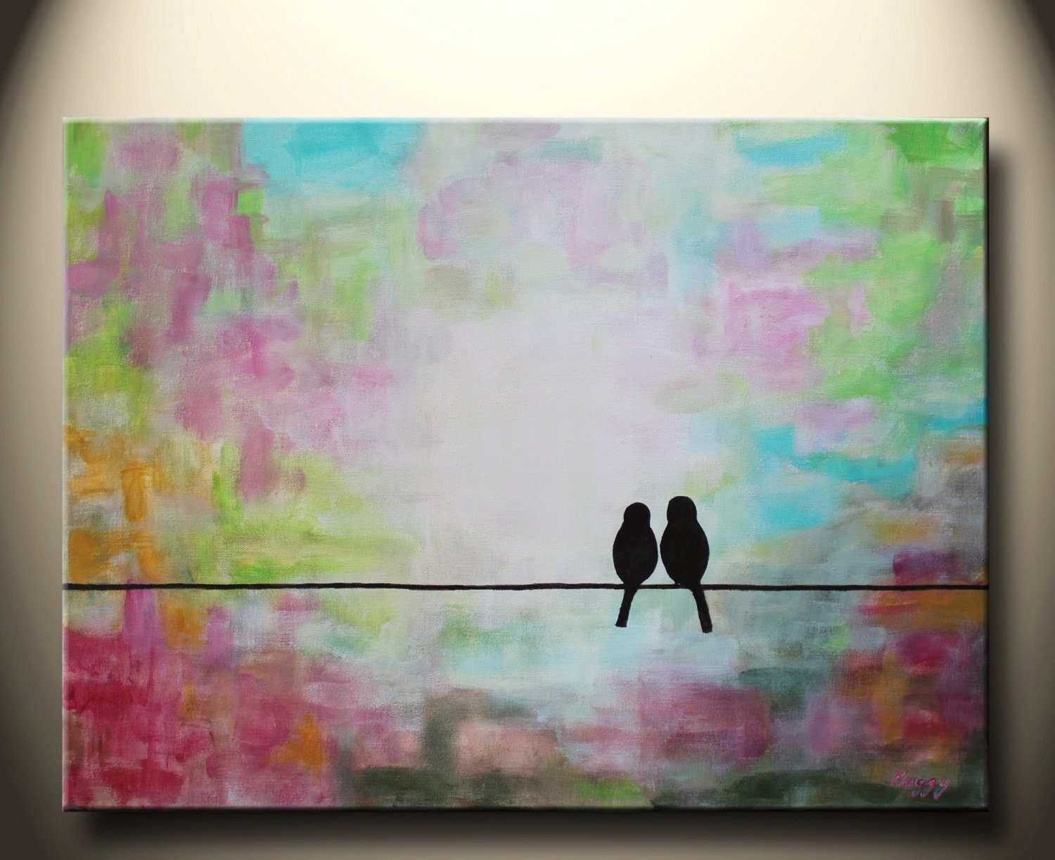 love in Spring,birds on a wire- 24x18inch original painting on stretched canvas, ready to hang,great wedding gift