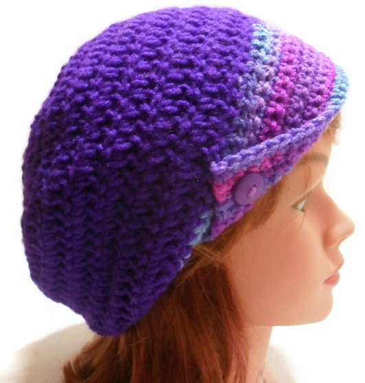 Crochet Brimmed Button Tab Tam Slouch Beanie in Purple