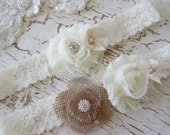 Burlap wedding garter, bridal garter set. Fabric flower bridal garter Shabby chic vintage style garter set