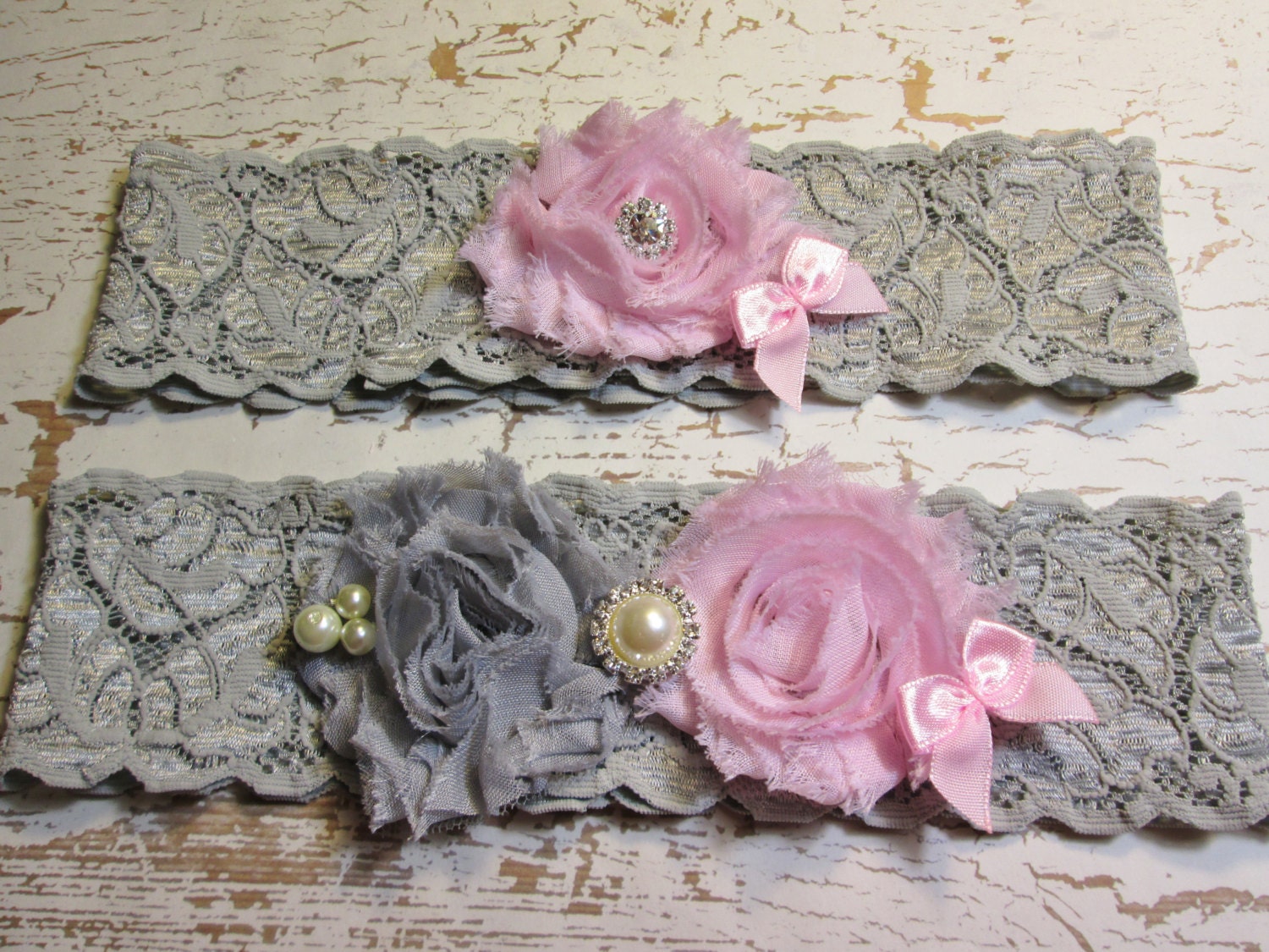 Bridal garter set, wedding garters stretch lace garter set vintage style soft pink and gray wedding