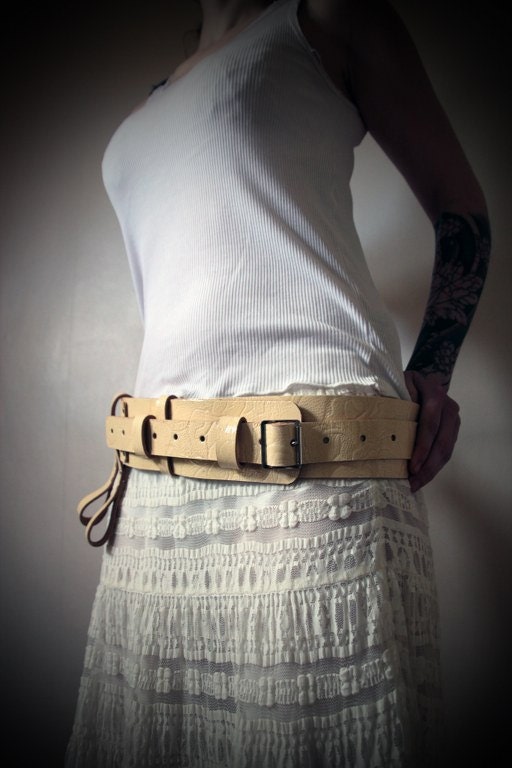 Unisex Leather Belt - Pale Yellow Embossed  - steampunk - burning man - festivals, Please read Description for size