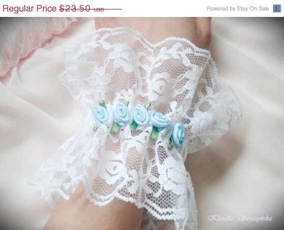 SALE Romantic white lace cuffs with blue flowers Bridal cuffs Wedding cuffs Wedding gloves white bridal gloves