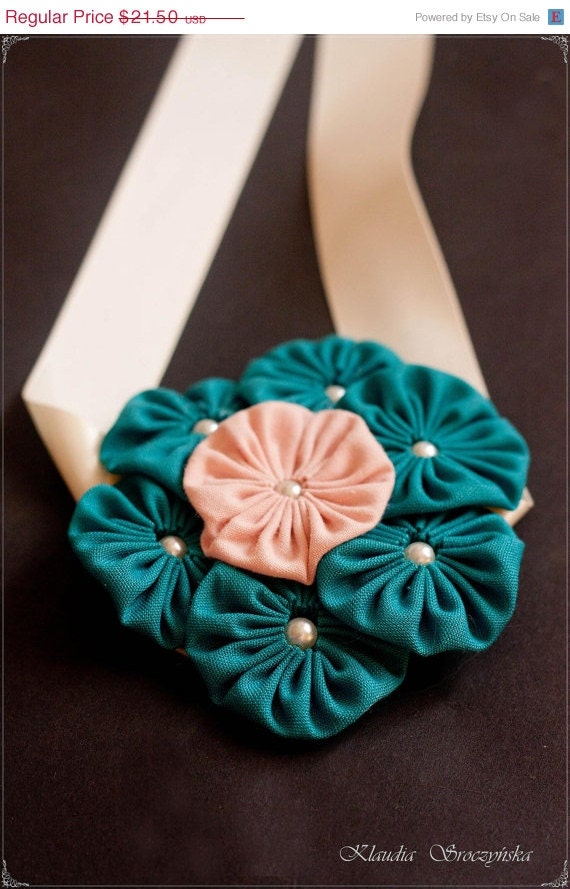 SALE Yoyo Bridesmaid Headband with turquoise and blush fabric flowers  yoyo and pearls Large glower corsage