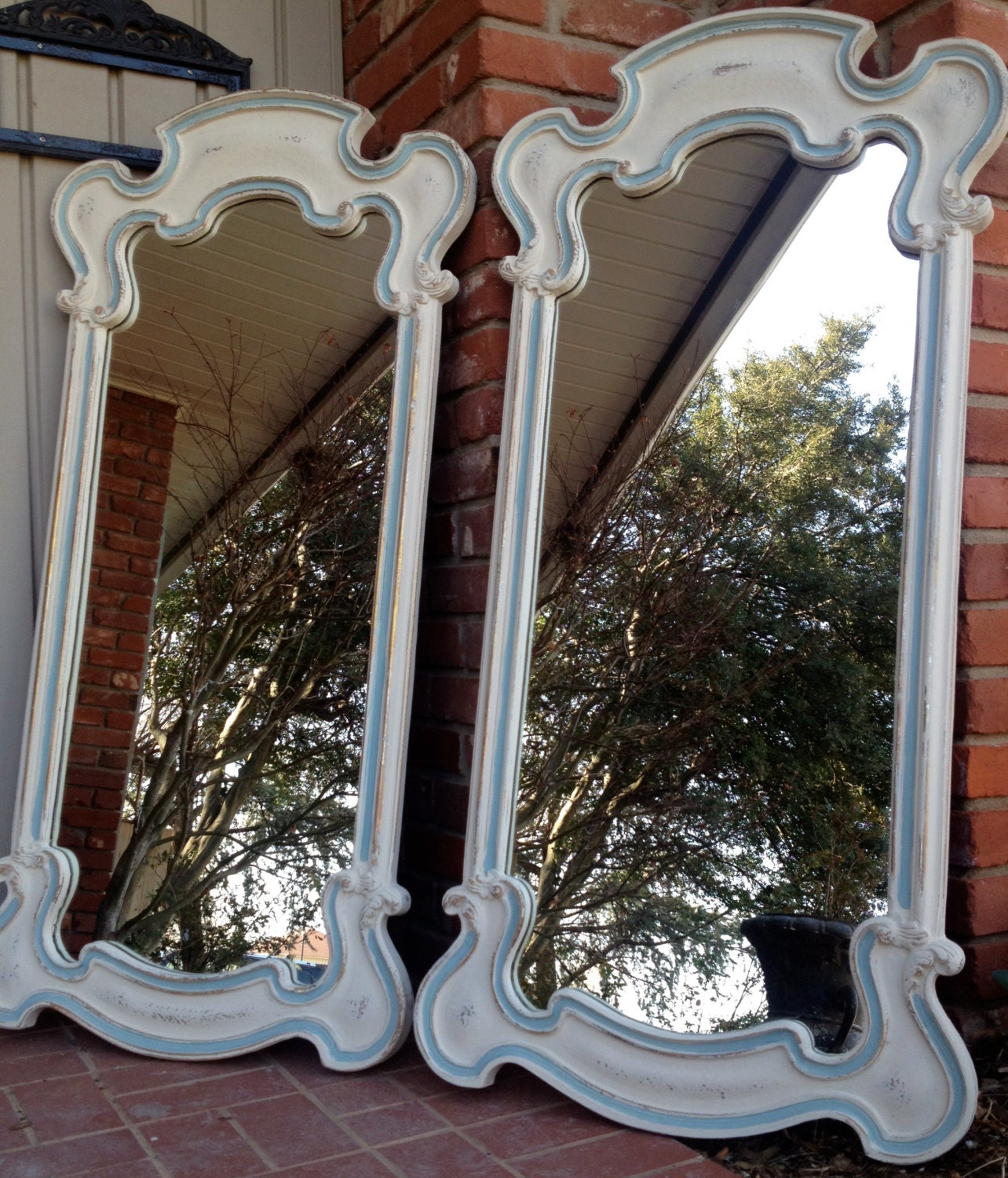 Pair French Mirrors Painted Cream Blue Gold