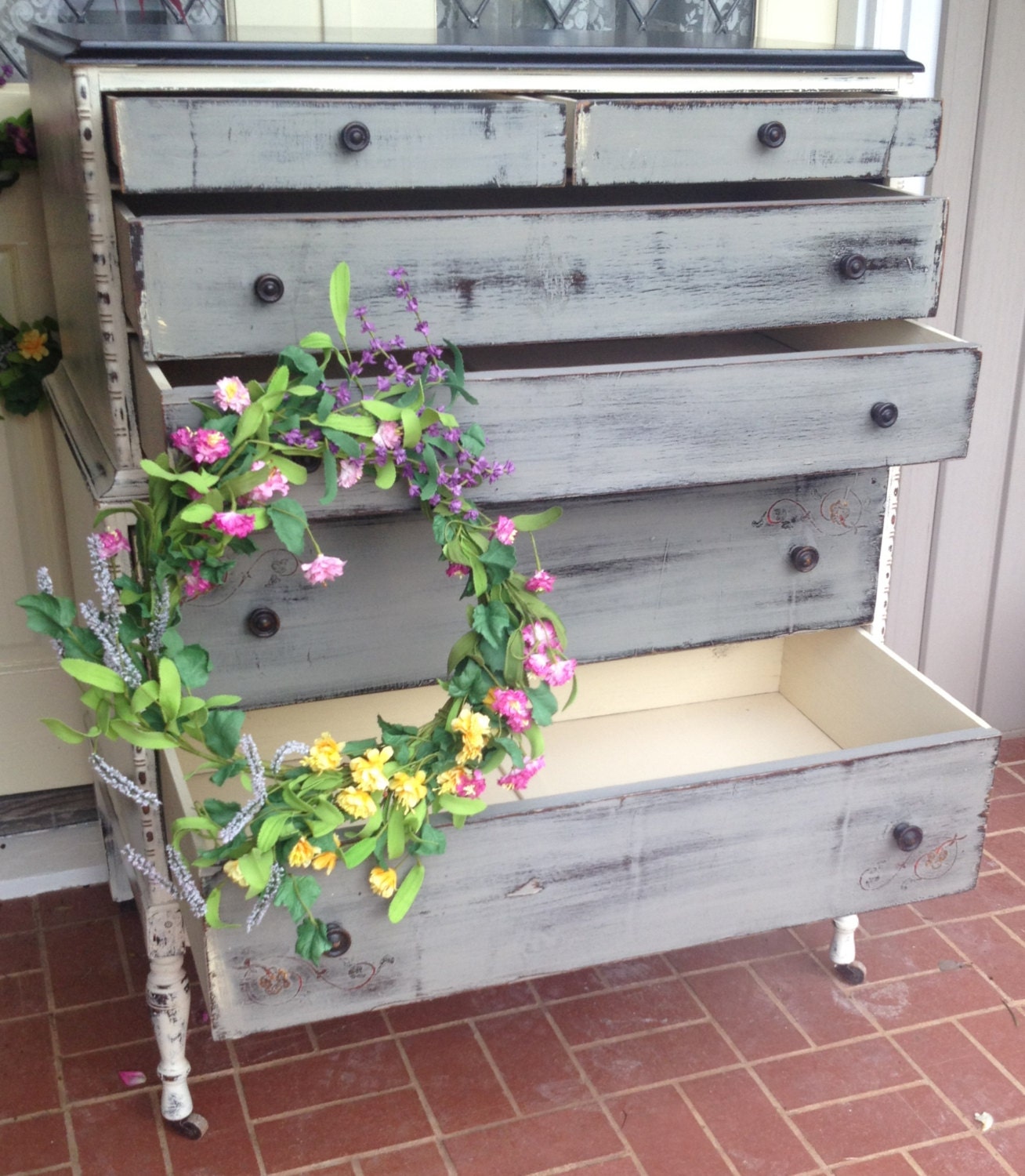 Antique Painted Dresser Cottage White French Gray Dark Top Distressed