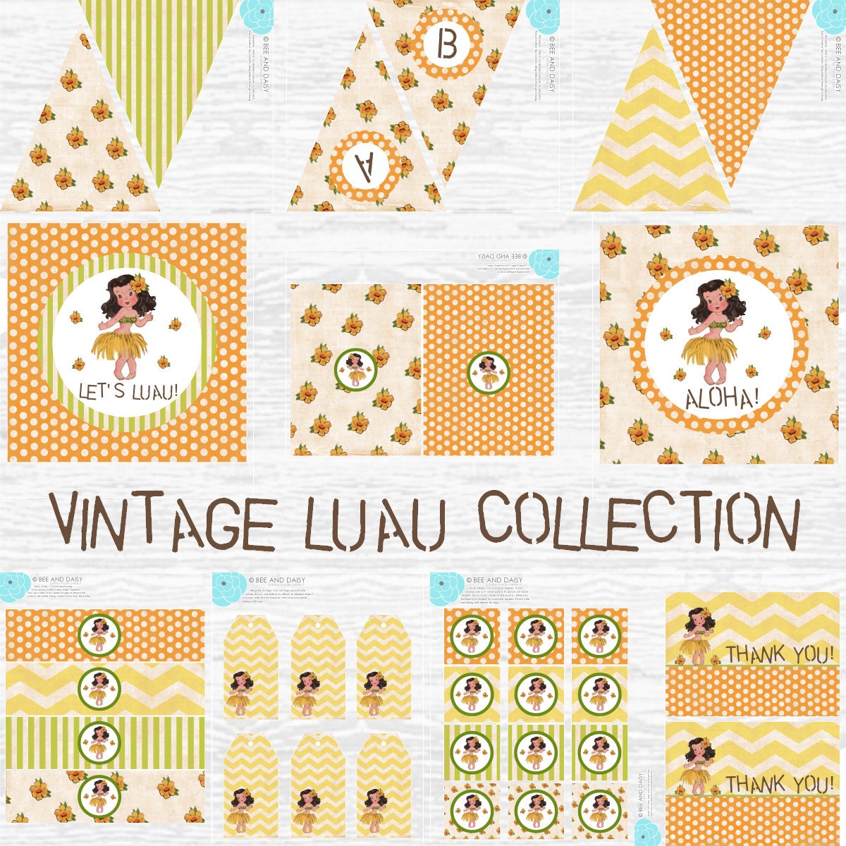Vintage Luau Decorations for Girls Birthday Party or Baby Shower - Printable DIY Decor by BeeAndDaisy - CHOOSE Skin Hair - Instant Download Il_170x135