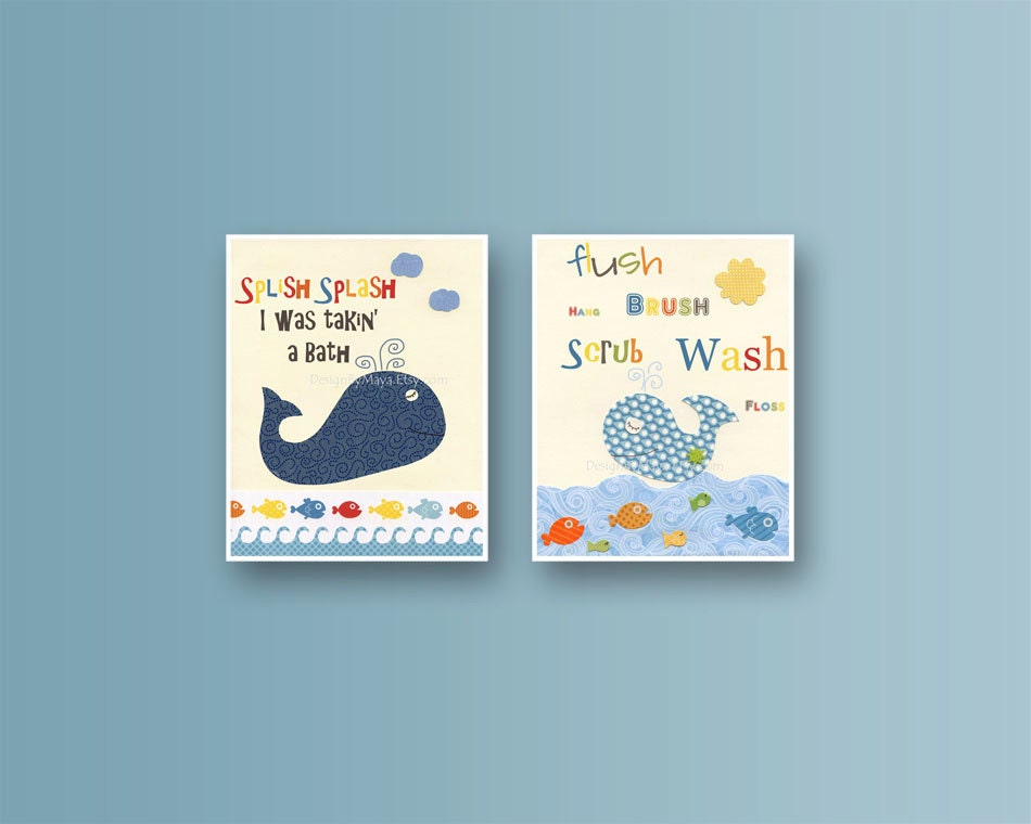 Bathroom print for kids, Nursery wall art, Bathroom decor kids, Jackson, Nursery Decor, set of 2 11x14, baby nursery whale, nautical print