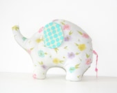 elephant pillow / recycled / vintage / nursery children / home decor / white pink aqua purple yellow