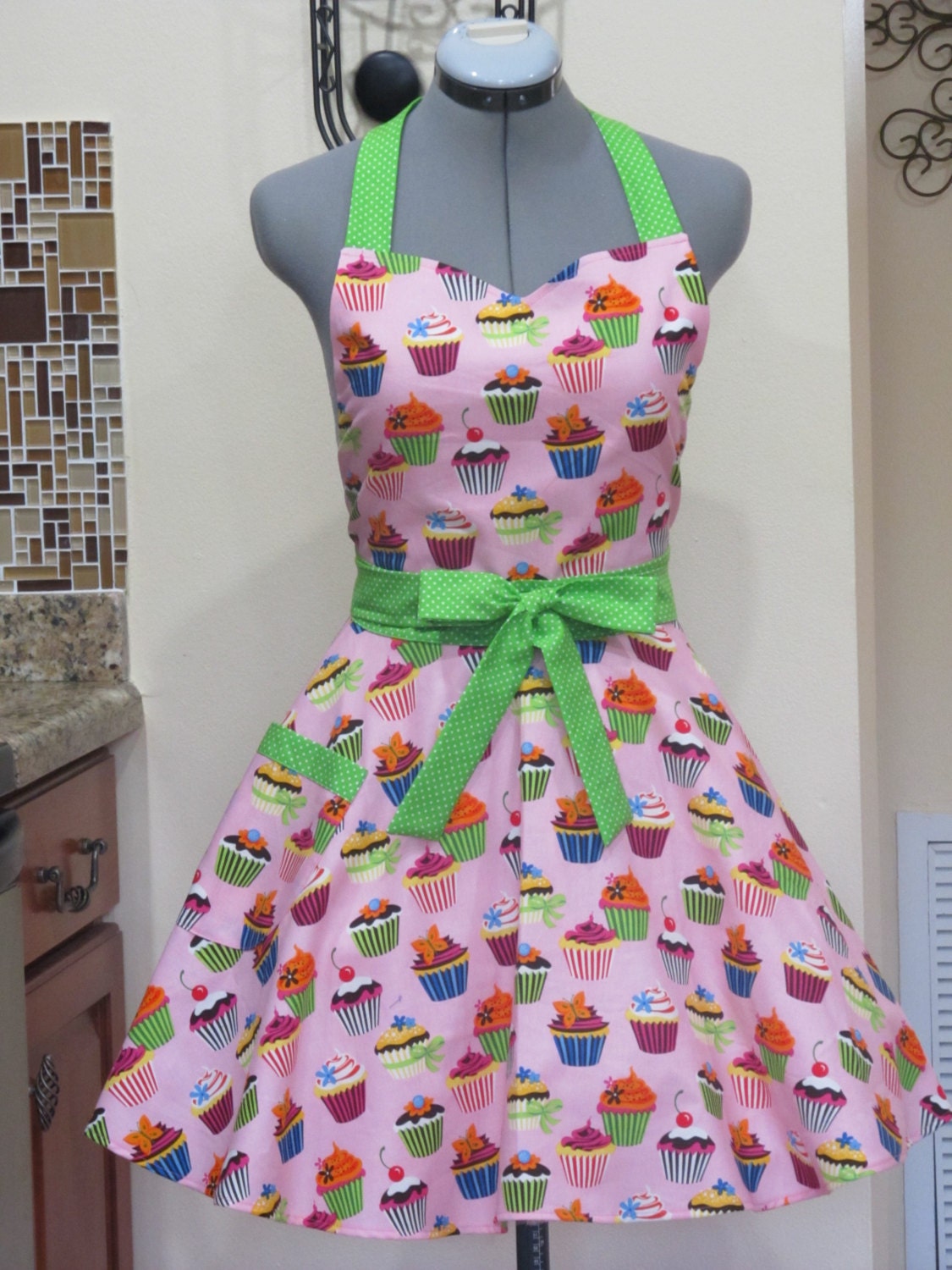 Sweetheart Hostess Apron-Cupcakes on Pink-Full of Twirl Flounce-With a hint of Lime