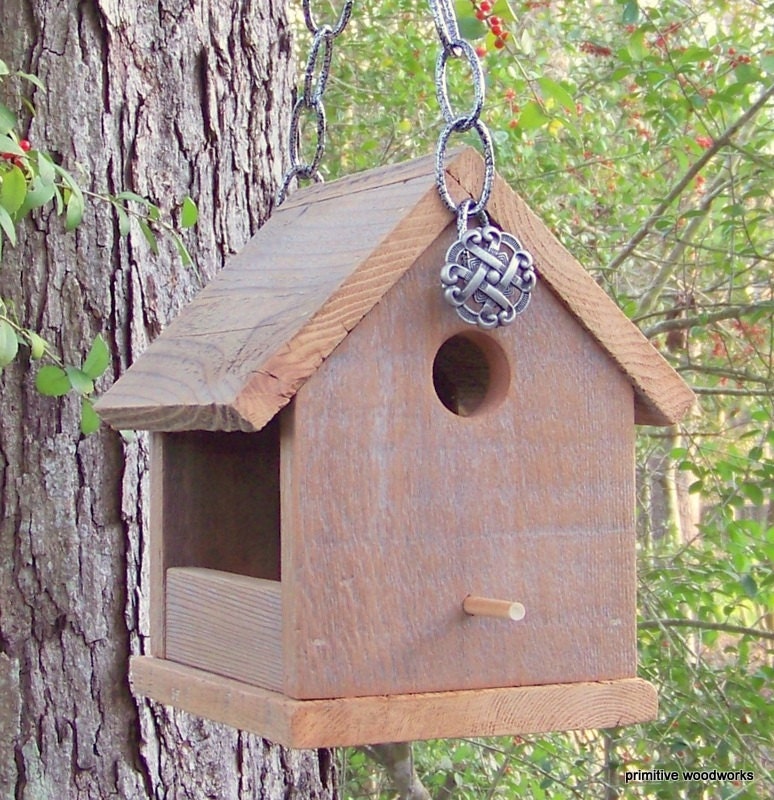 Wooden Bird House Bird Feeder, Reclaimed Wood, Natural Weathered Rough Cedar, Rustic Primitive