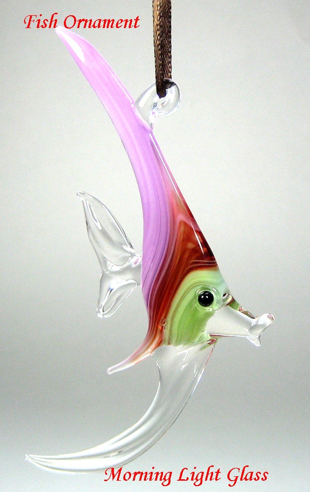 Red-Lavender Glass Fish Ornament, Suncatcher, Hanging Sealife Art